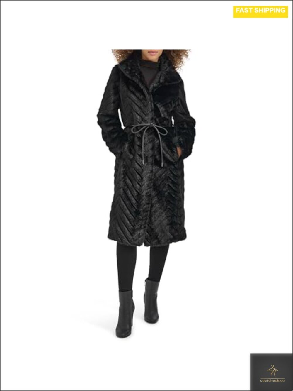 Faux Fur Belted Grooved Texture Stand Collar Long Coat with Waist Tie